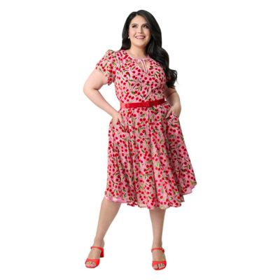 Unique Vintage Plus Size Short Petal Sleeve Tie Neck Dahlia Swing Dress