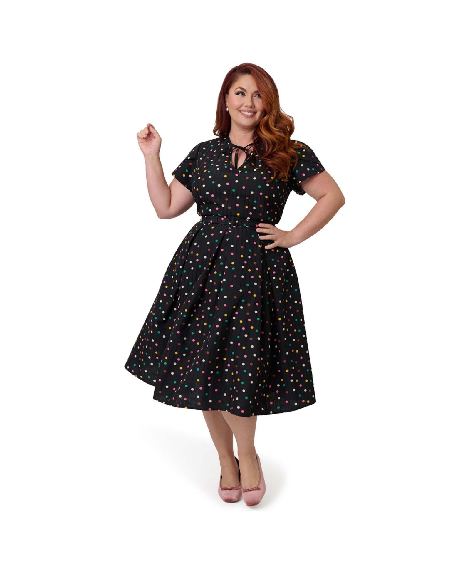 Unique Vintage Plus Size Short Petal Sleeve Tie Neck Dahlia Swing Dress