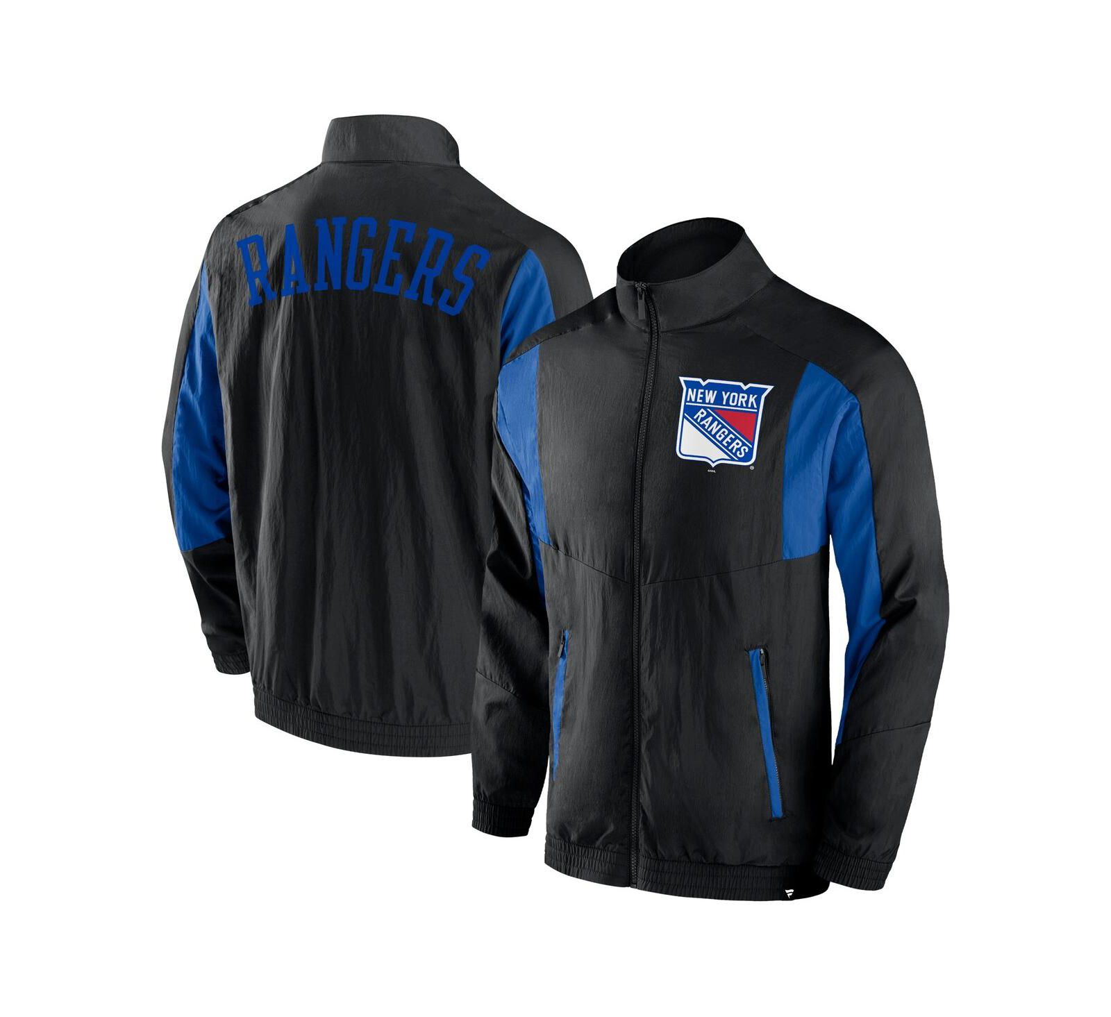 Men's Fanatics Black New York Rangers Step Up Crinkle Raglan Full-Zip Windbreaker Jacket