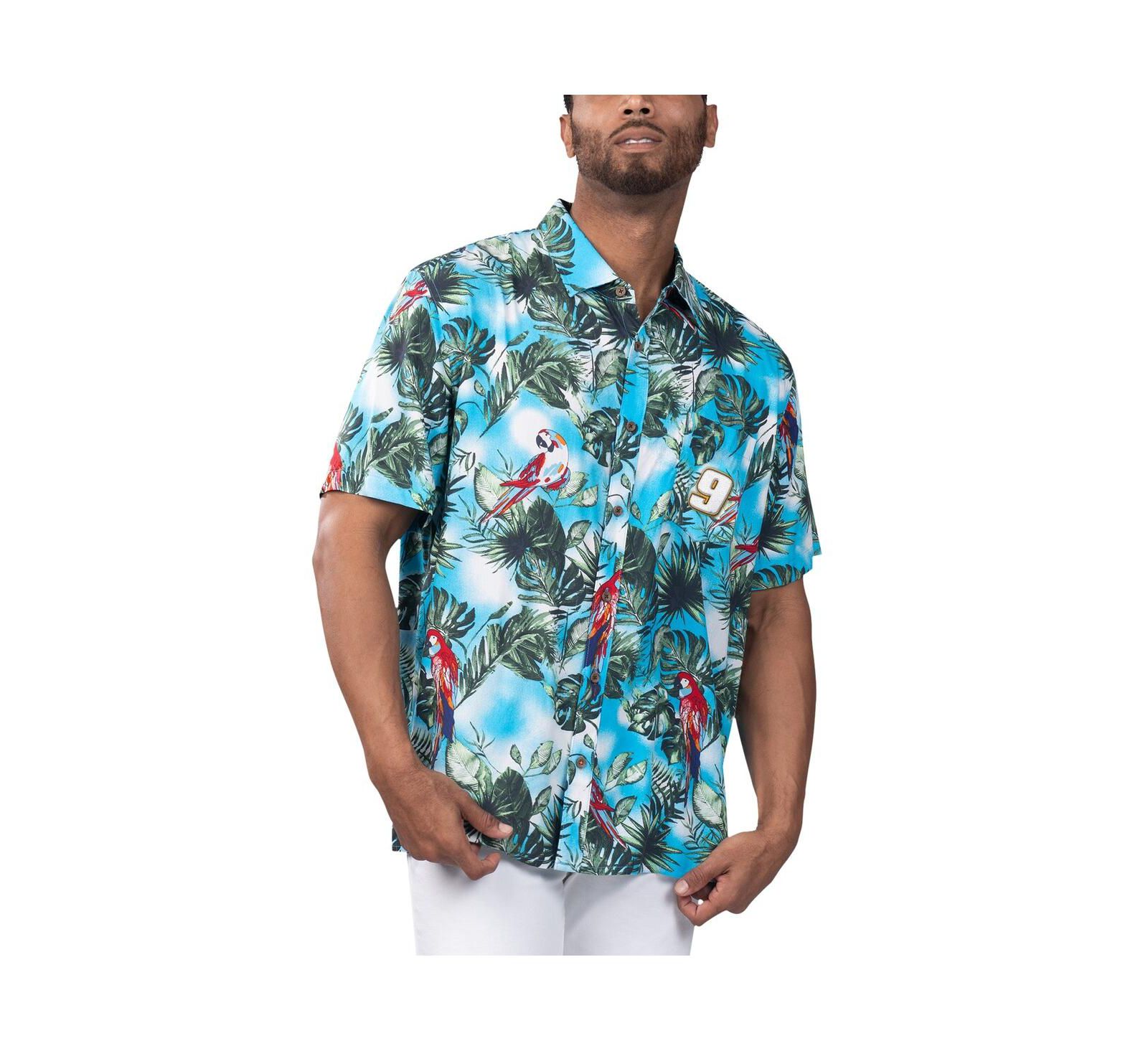Мужская рубашка Margaritaville Light Blue Chase Elliott Jungle Parrot Party Button-Up