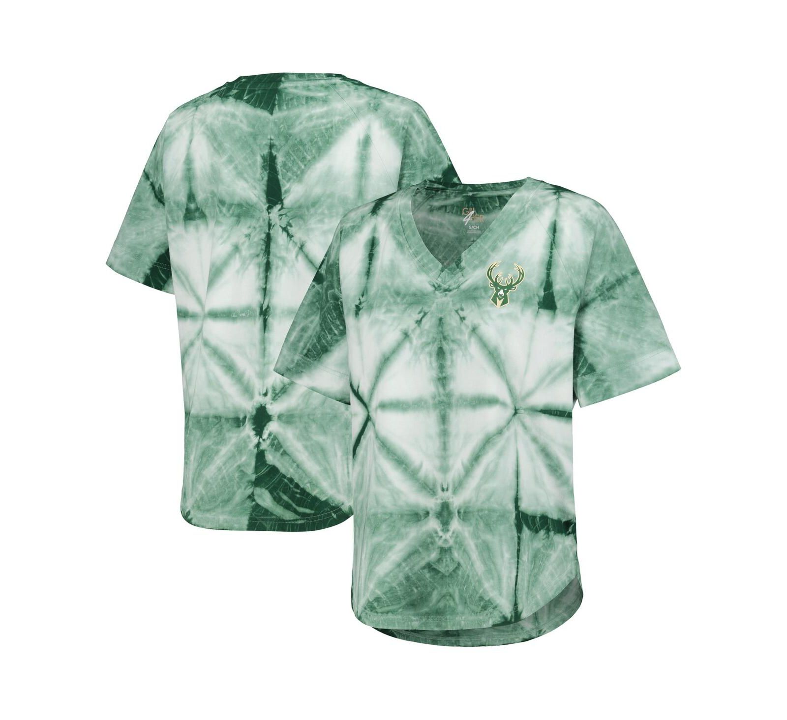 Футболка G-III 4Her by Carl Banks Women's Hunter Green Milwaukee Bucks Tournament Raglan Oversized Tie-Dye V-Neck