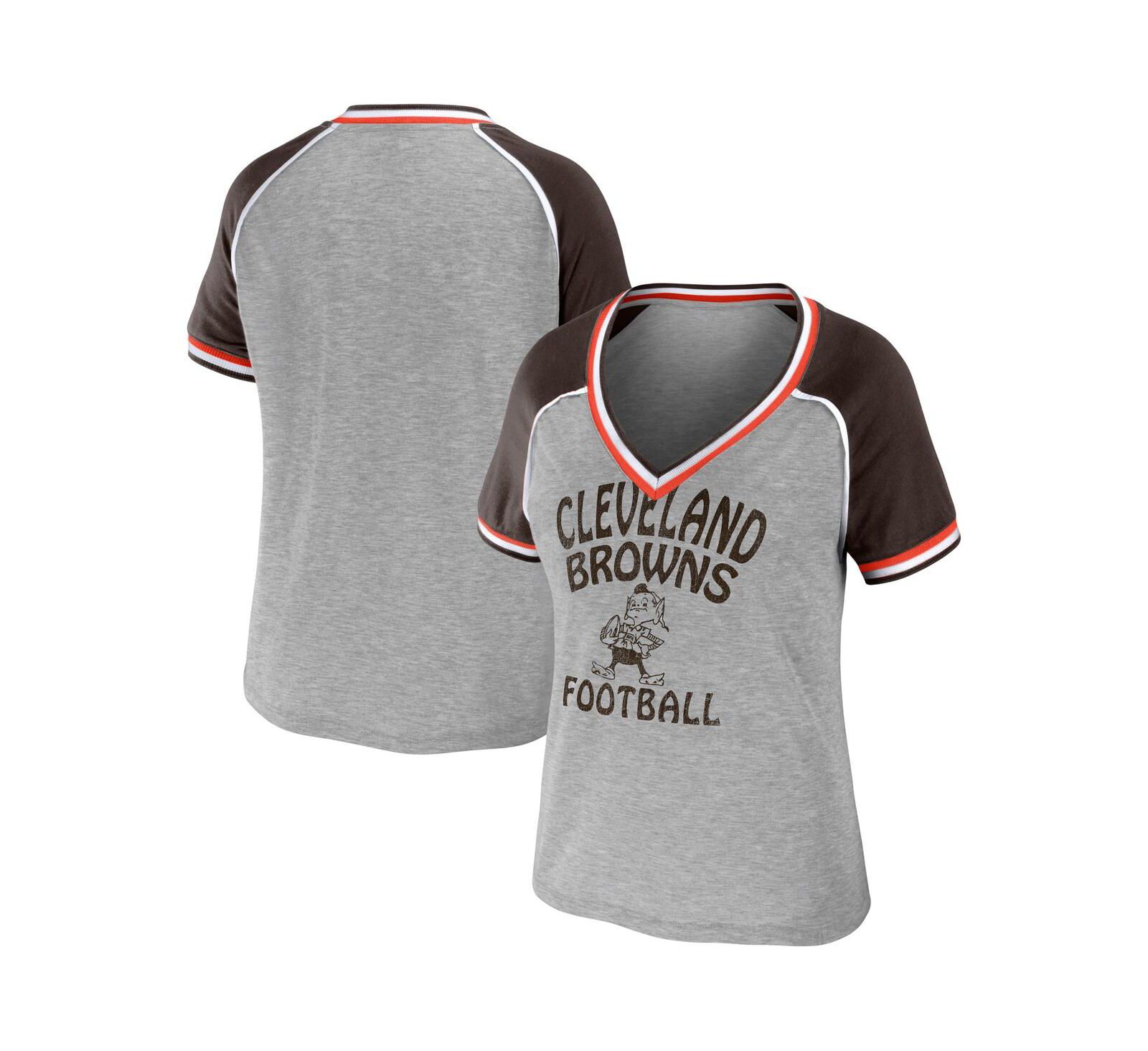 Женская футболка WEAR by Erin Andrews Heather Gray Distressed Cleveland Browns Cropped Raglan Throwback V-Neck