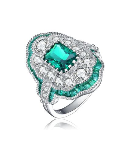 Коктейльное кольцо Genevive Radiant and Baguette Cubic Zirconia, Sterling Silver White Gold Plated