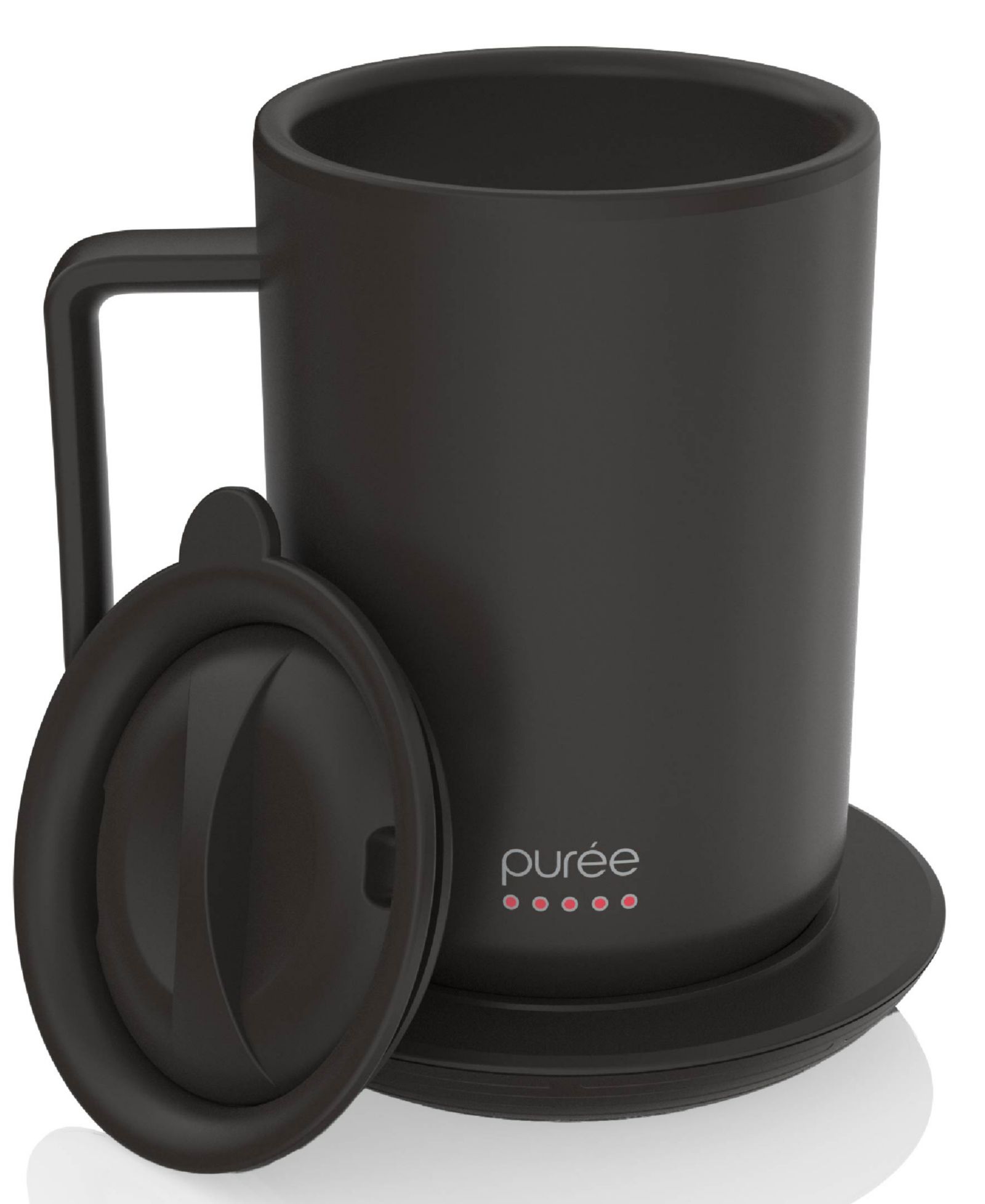 Tzumi Puree Warming Coffee Mug, 12 oz. Stainless Steel Coffee Mug with Mug Warmer Coaster and Lid