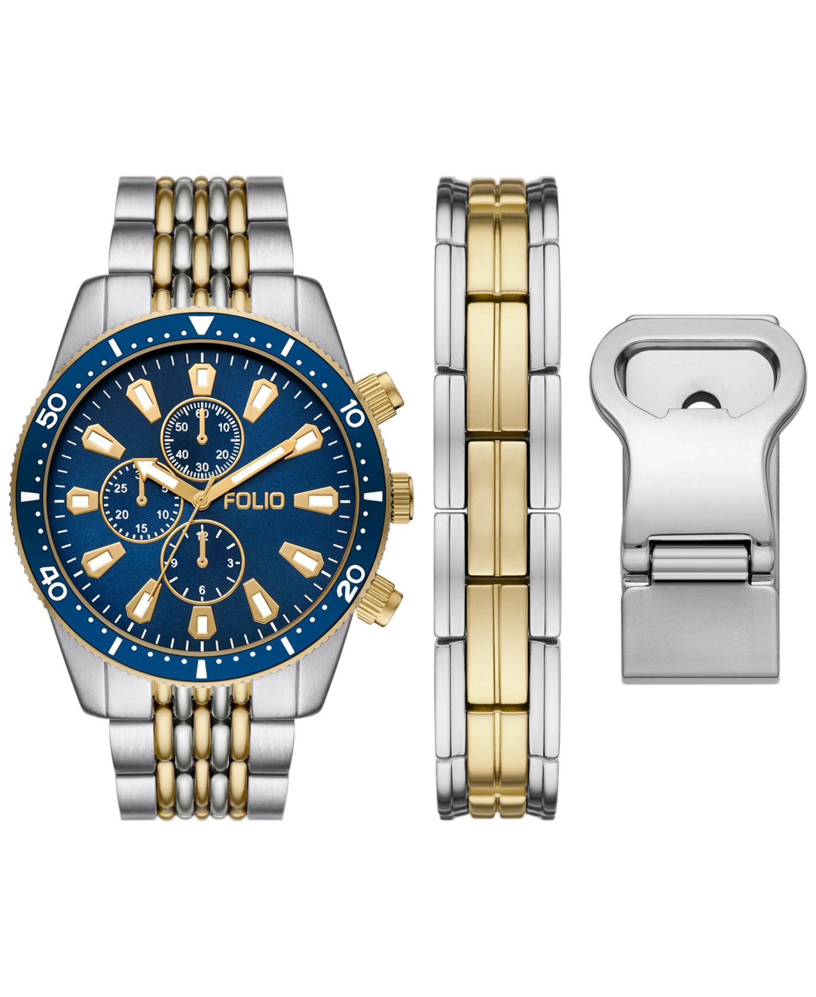 Folio Men's Three Hand 2T Silver-Tone, Gold-Tone Alloy Watch 42mm Gift Set