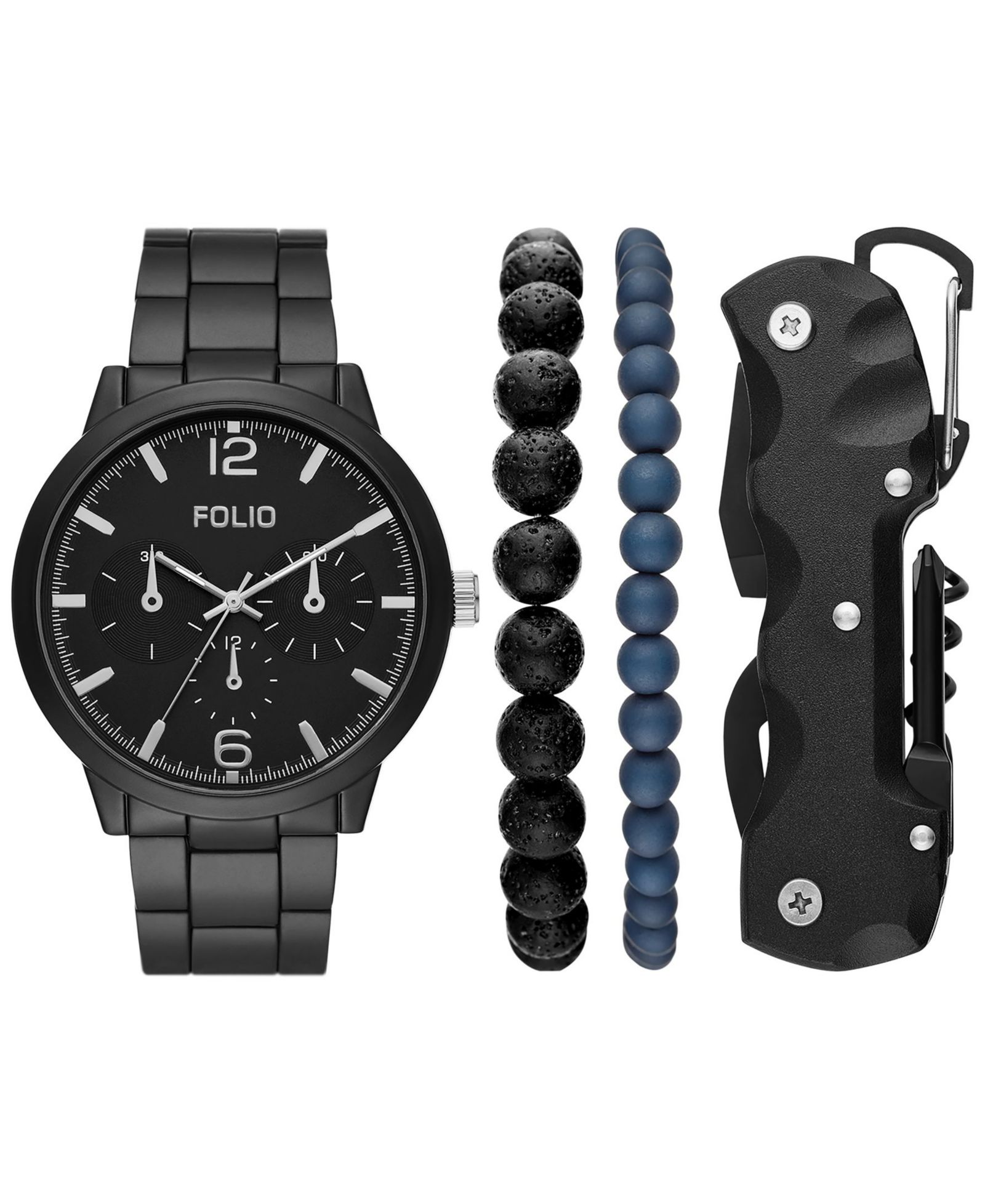 Folio Men's Three Hand Black Alloy Watch 46mm Gift Set
