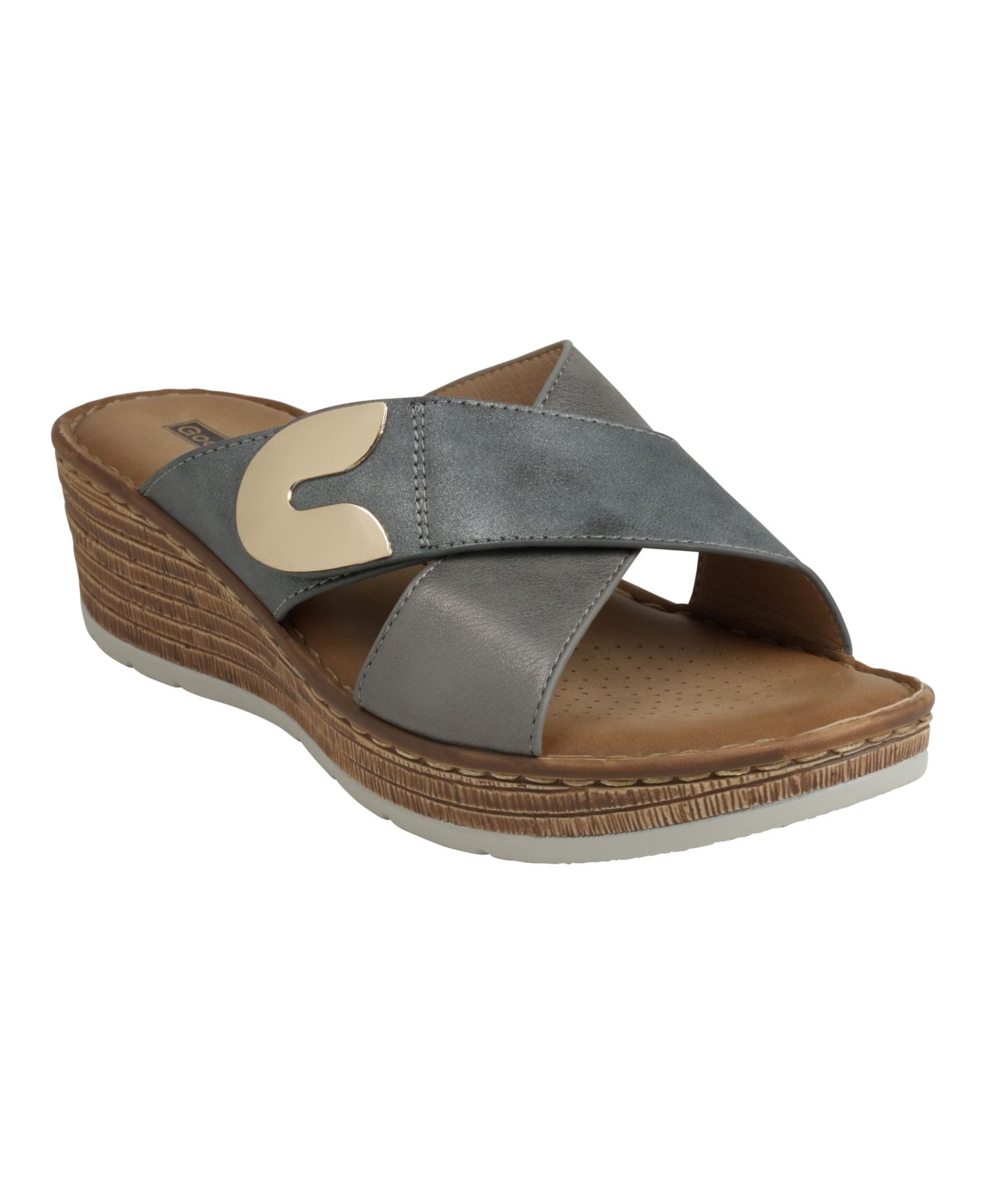 GC Shoes Women's Demi Cross Strap Hardware Slip-On Wedge Sandals