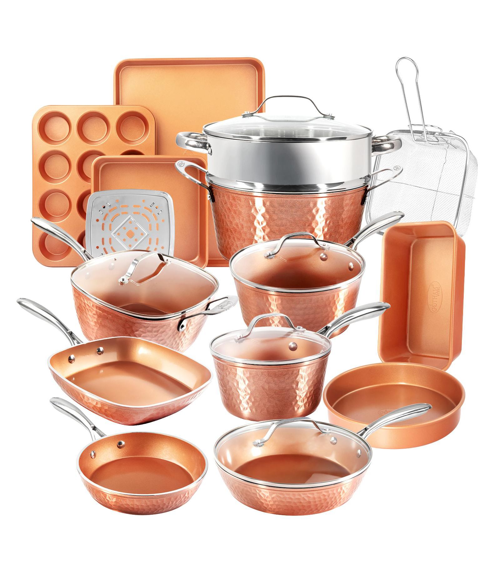 Hammered Copper 20-Piece Nonstick Cookware and Bakeware Set
