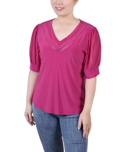 NY Collection Women's Short Puff Sleeve V-neck Top