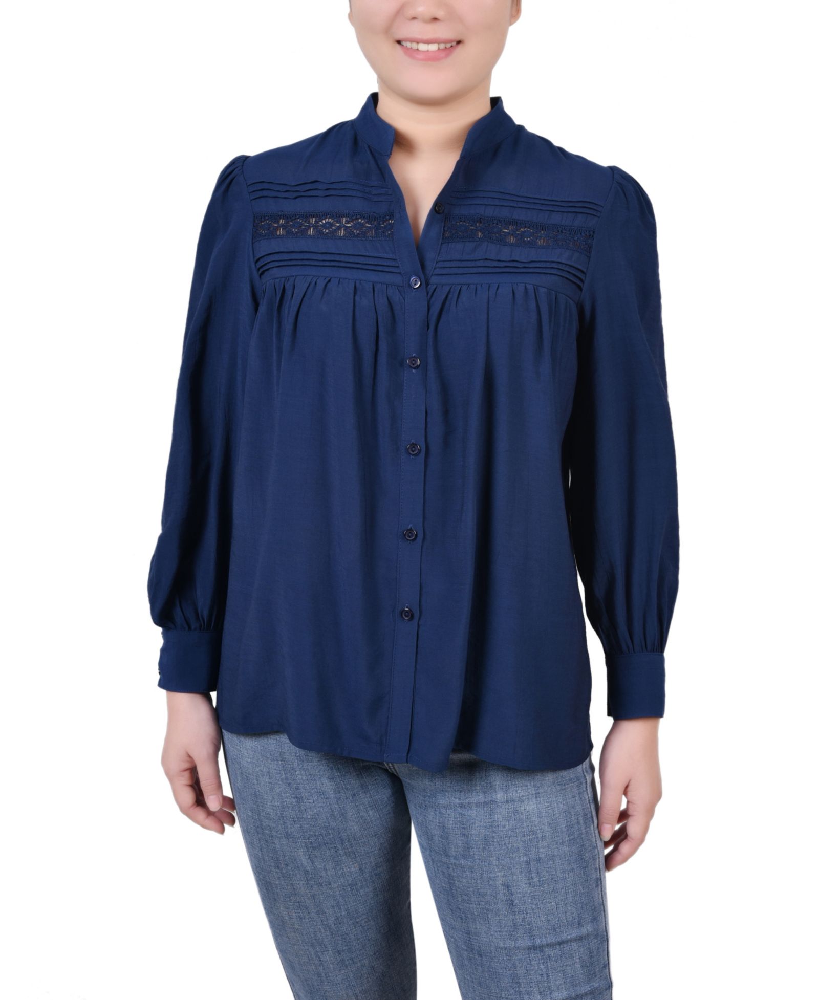 NY Collection Women's Long Sleeve Crochet Blouse