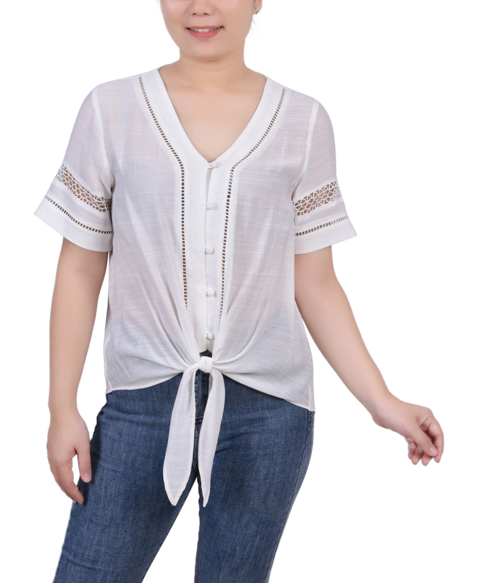 Блузка NY Collection Women's Short Sleeve Crochet Trim