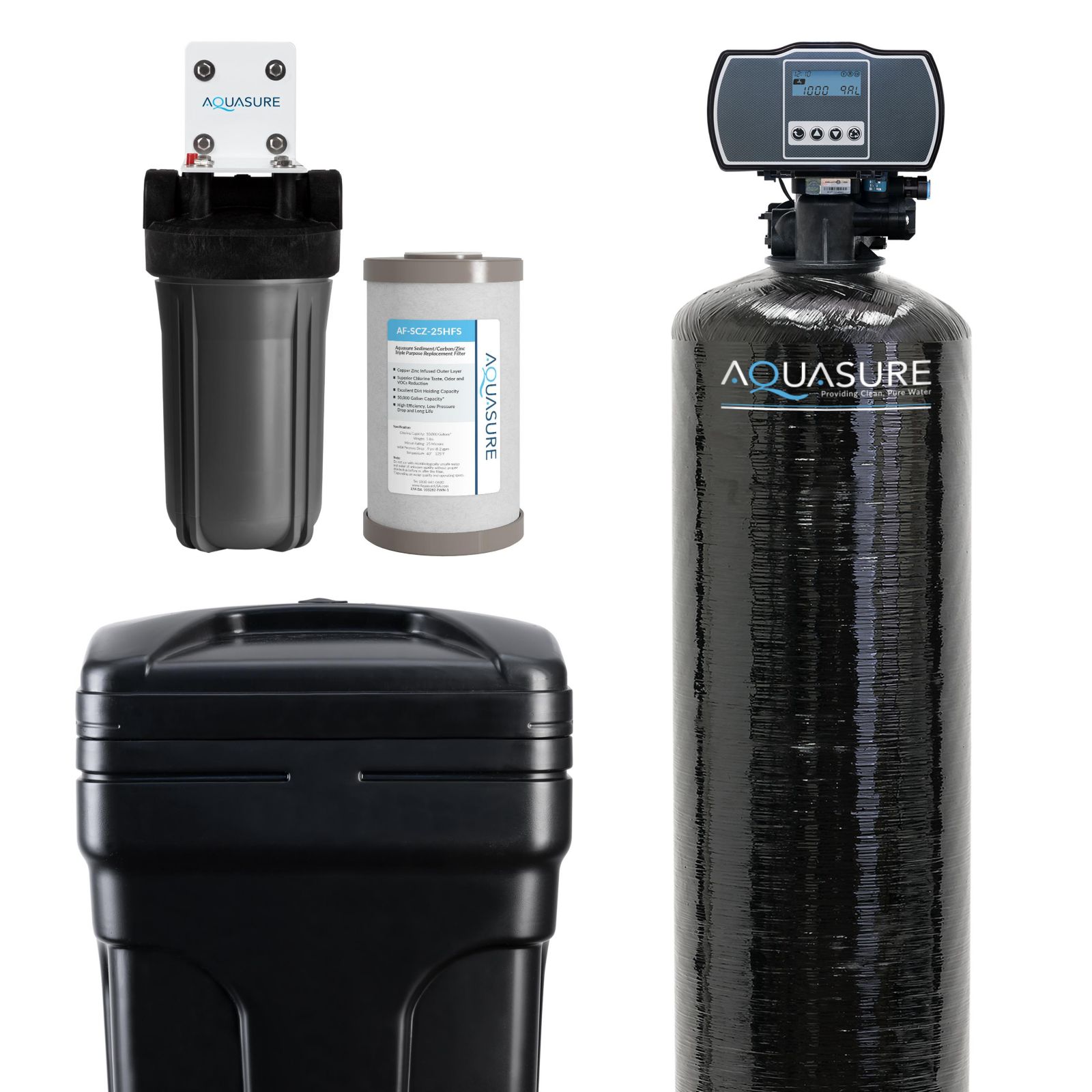 Система Aquasure Harmony Series | Умягчитель воды 64,000 Grains с тройным фильтром 10" Sediment/Carbon/Zinc для всего дома