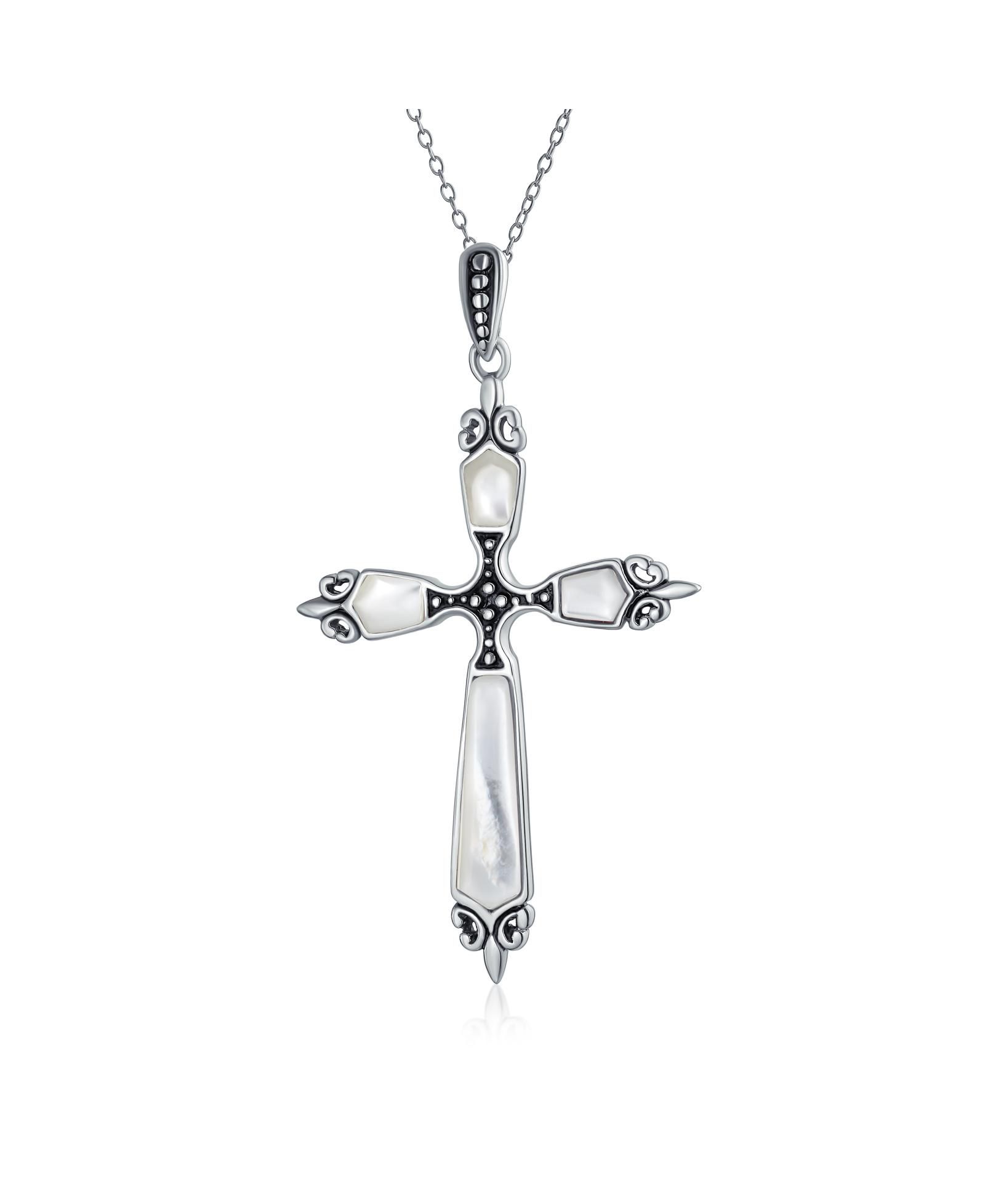 Подвеска Bling Jewelry Western Style Spiritual Religious Blue Natural Turquoise Fleur De Lis Cross Oxidized Sterling Silver