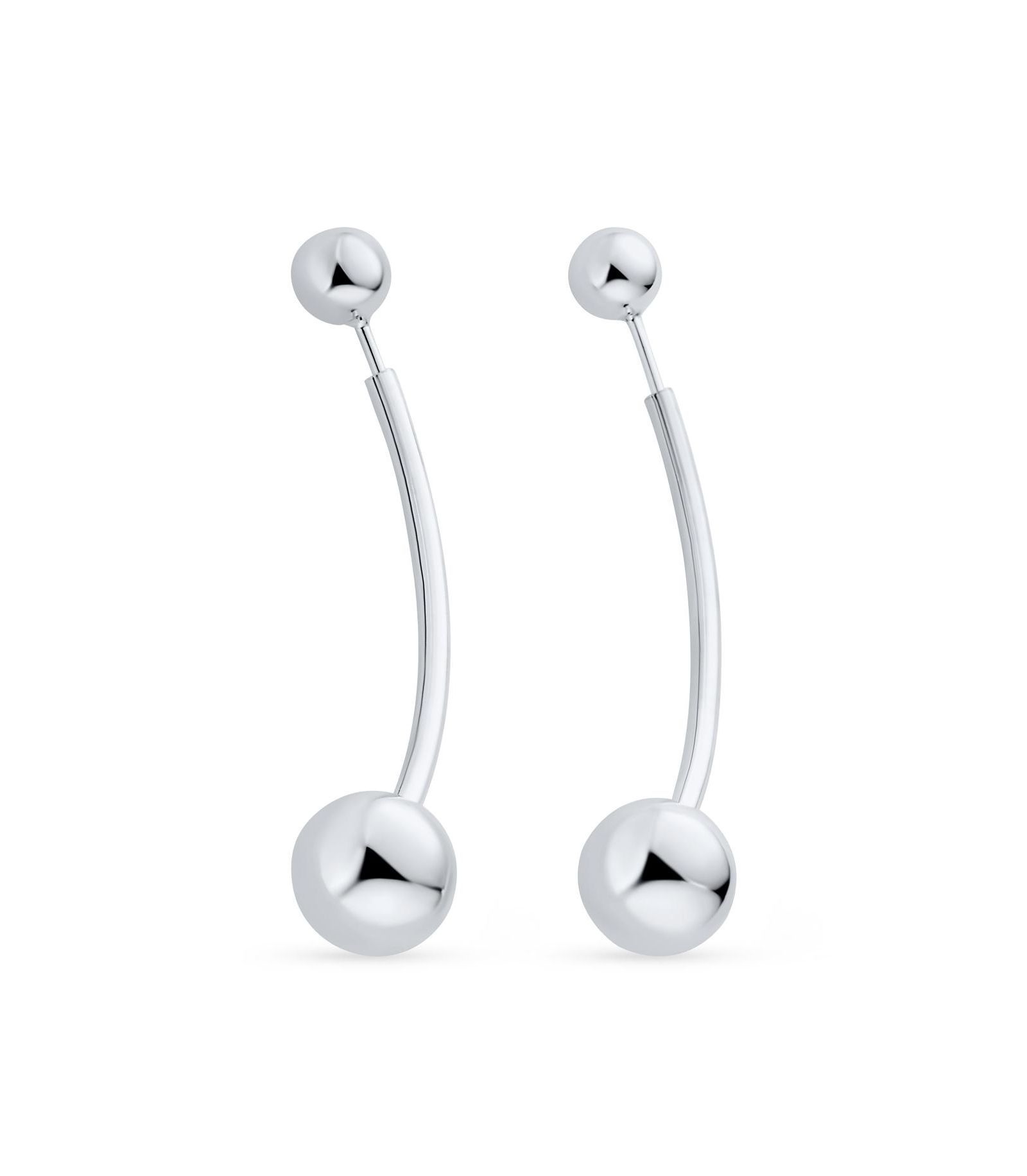 Bling Jewelry Modern Geometric Long Bar Double Bead Ball Drop Earrings Sterling Silver