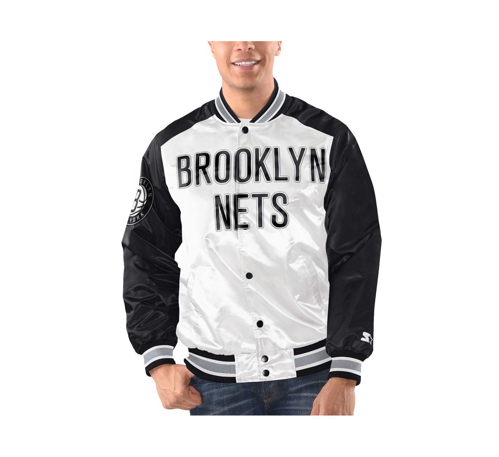 Мужская куртка Starter Men's White, Black Brooklyn Nets Renegade Satin Full-Snap Varsity Jacket