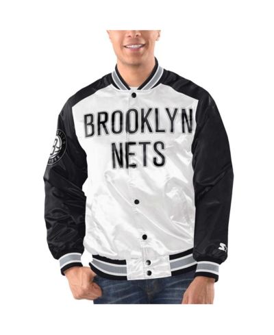 Мужская куртка Starter Men's White, Black Brooklyn Nets Renegade Satin Full-Snap Varsity Jacket