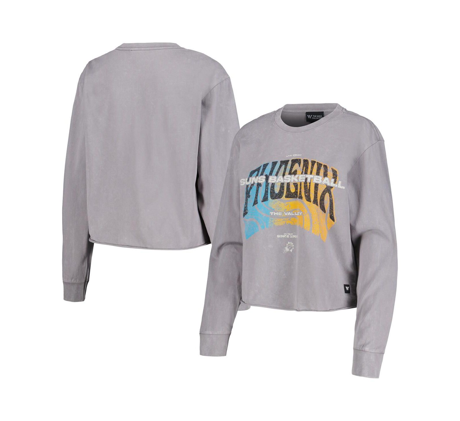 Women's The Wild Collective Gray Distressed Phoenix Suns Band Cropped Long Sleeve T-shirt