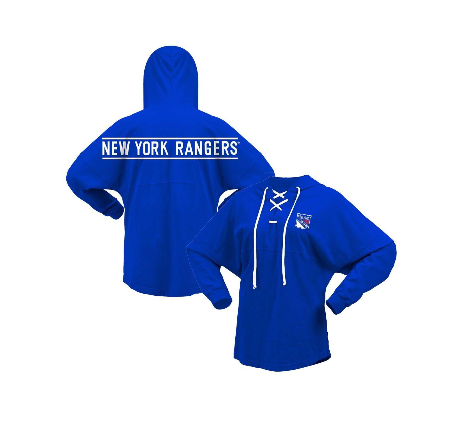 Women's Fanatics Blue New York Rangers Jersey Lace-Up V-Neck Long Sleeve Hoodie T-shirt