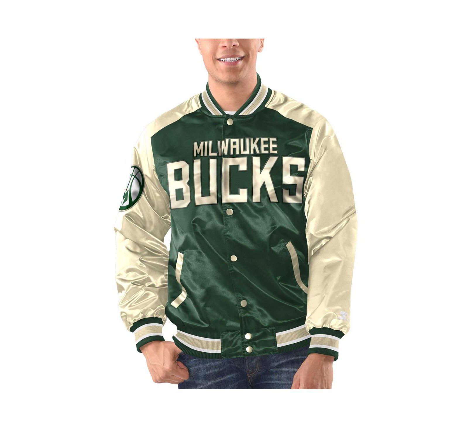 Men's Starter Hunter Green, Cream Milwaukee Bucks Renegade Satin Full-Snap Varsity Jacket