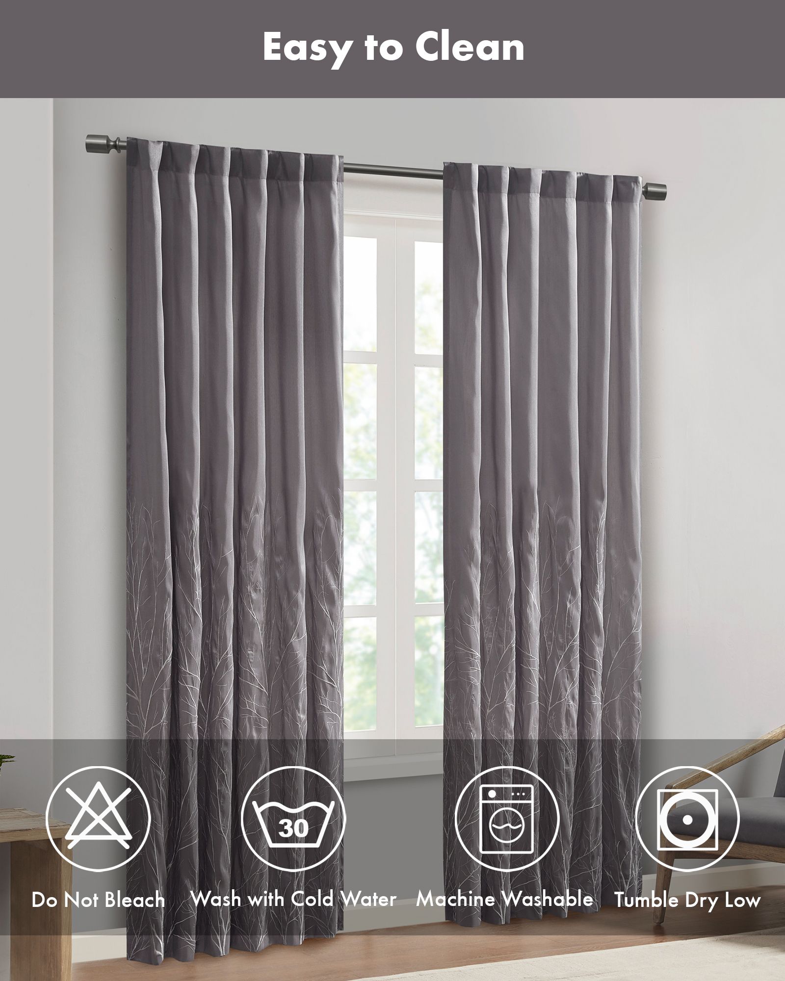 Andora Botanical Embroidered Curtain Panel, Single Curtain with Privacy Lining for Bedroom and Living Room