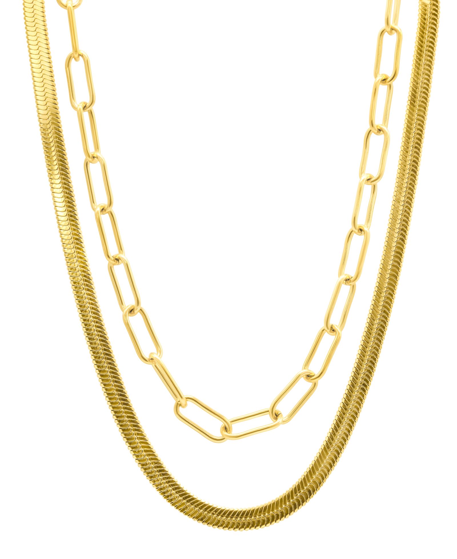 ADORNIA Tarnish Resistant 14K Gold-Plated Set of Herringbone and Paper Clip Necklaces