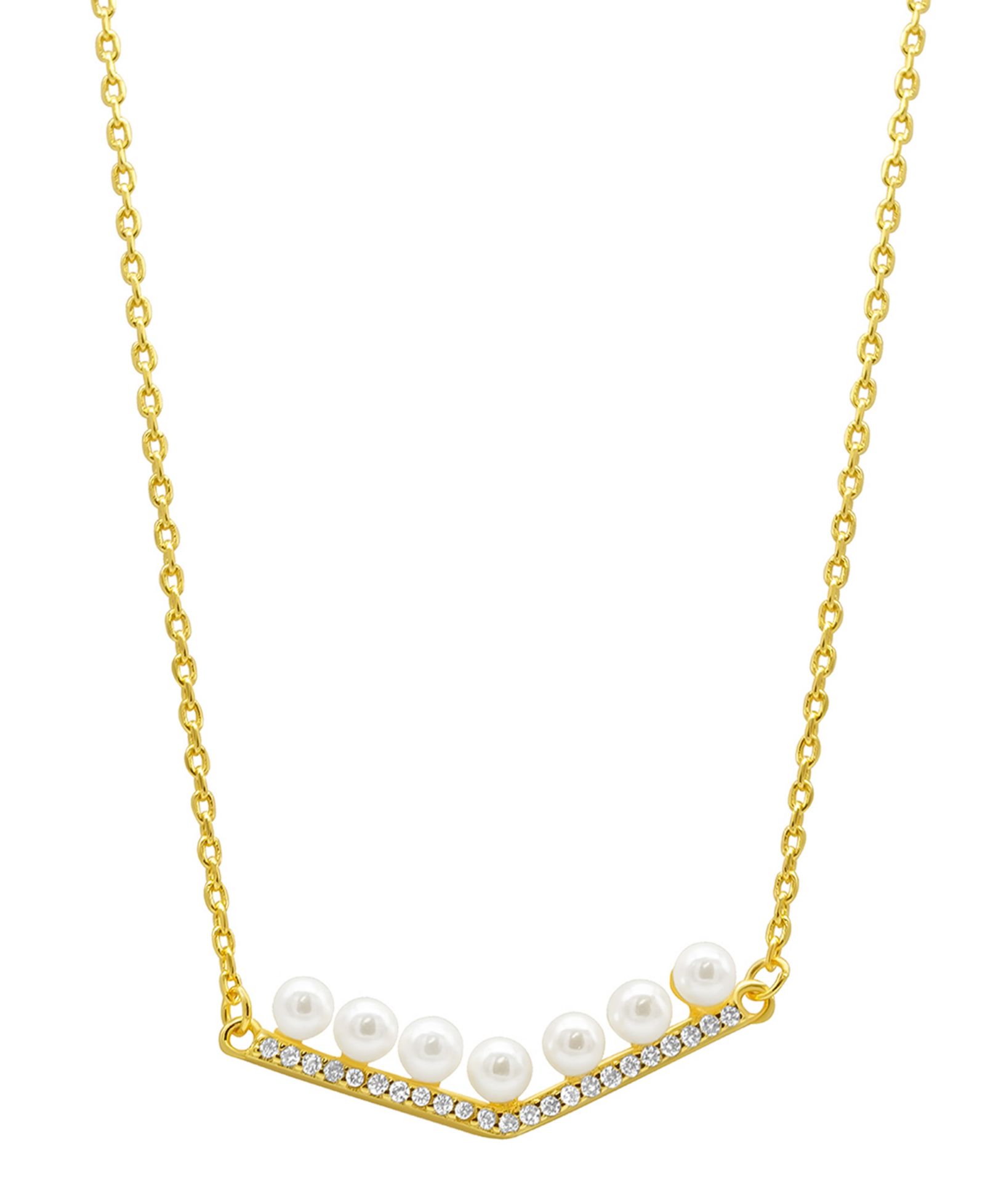 ADORNIA 14K Gold-Plated Crystal Imitation Pearl Bar V-Necklace