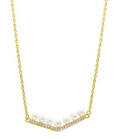 ADORNIA 14K Gold-Plated Crystal Imitation Pearl Bar V-Necklace