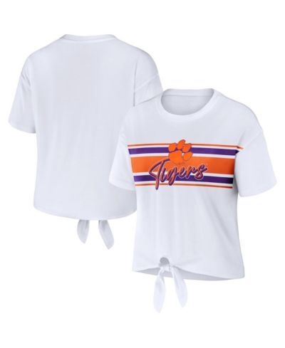 Women's WEAR by Erin Andrews White Clemson Tigers Striped Front Knot Cropped T-shirt