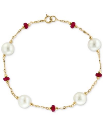 EFFY® Cultured Freshwater Pearl (8mm) & Ruby (2-5/8 ct. t.w.) Chain Link Bracelet in 14k Gold