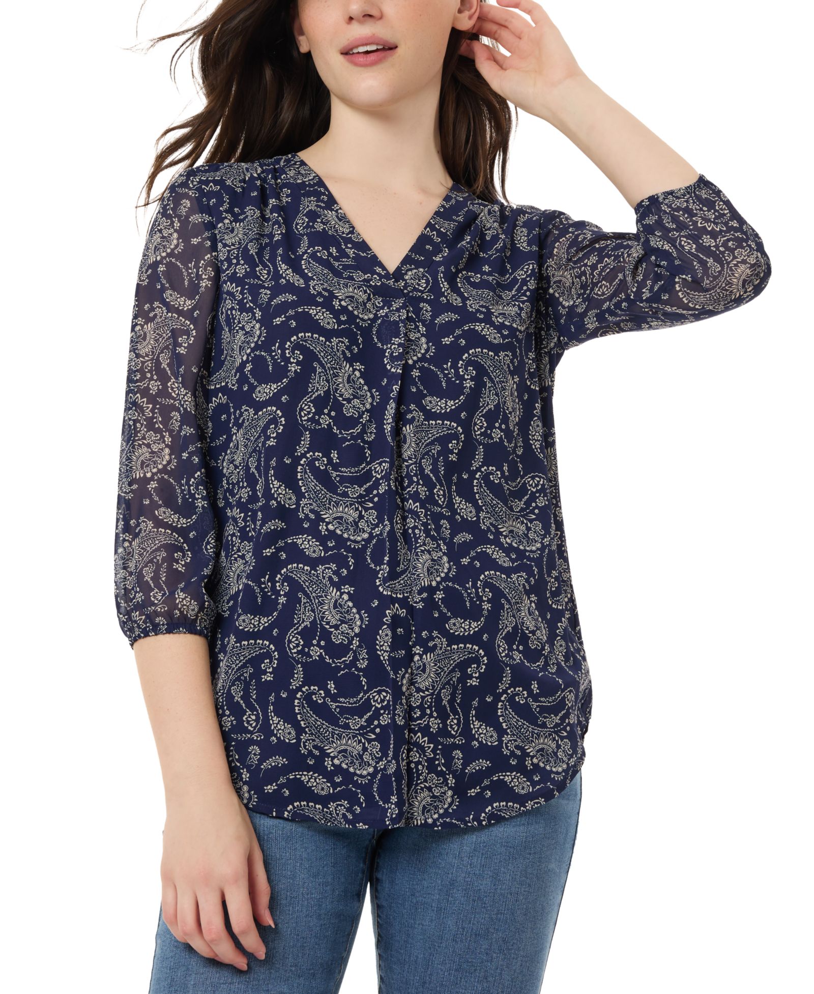 Jones New York Женская блузка Kelly Printed Sheer-Sleeve Pleated