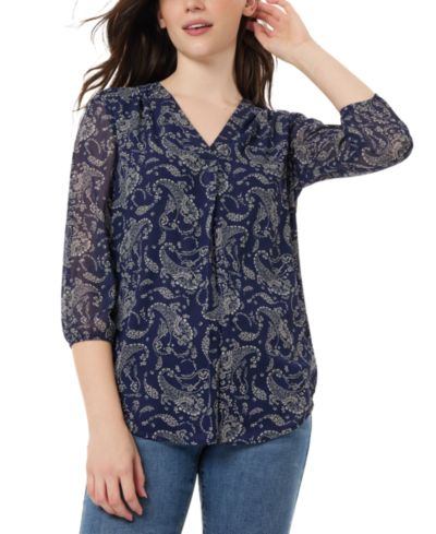 Jones New York Женская блузка Kelly Printed Sheer-Sleeve Pleated