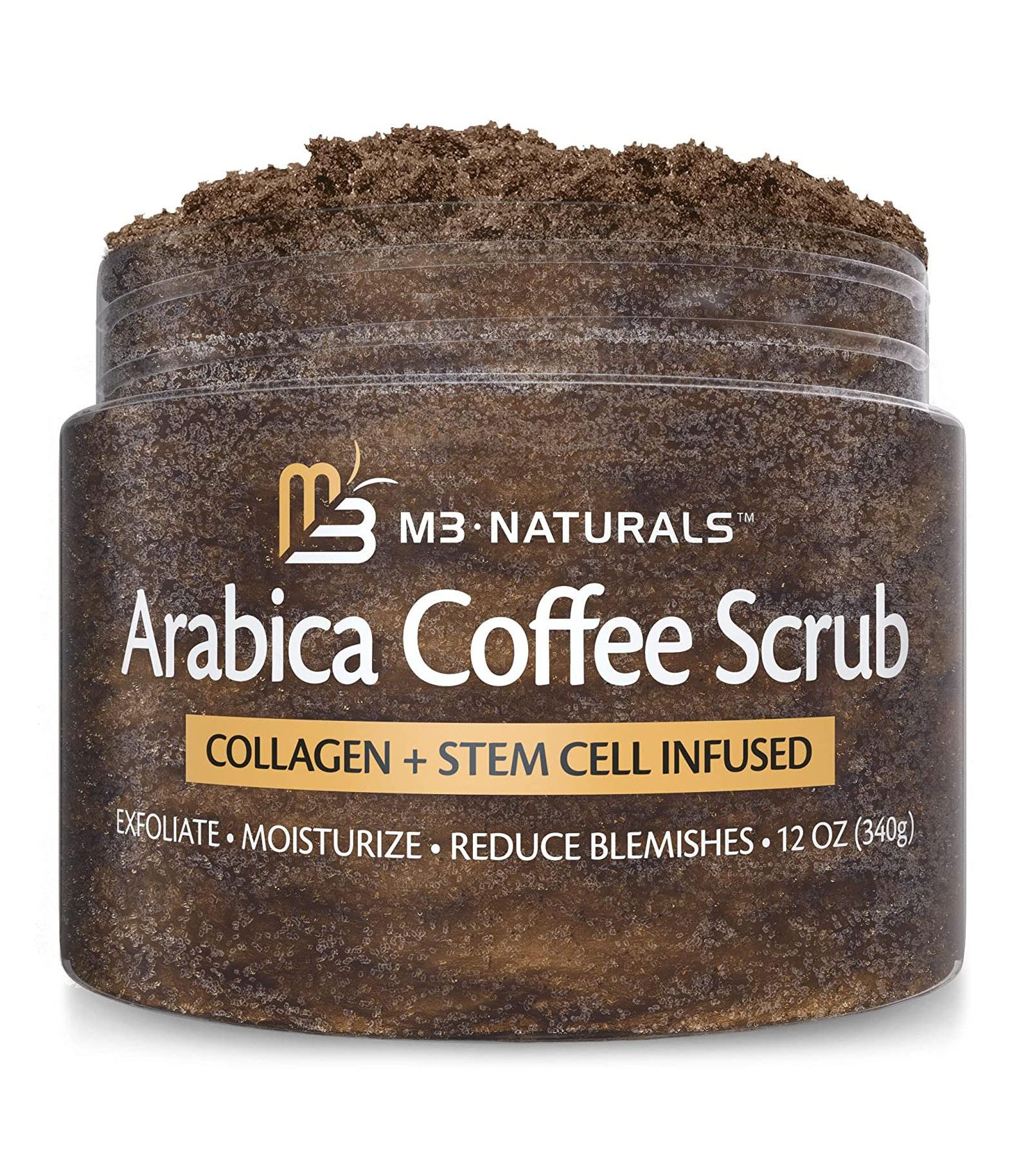 M3 Naturals Arabica Coffee Body Scrub with Collagen & Stem Cell - Exfoliating Body Scrubber & Face Cleanser 12 oz