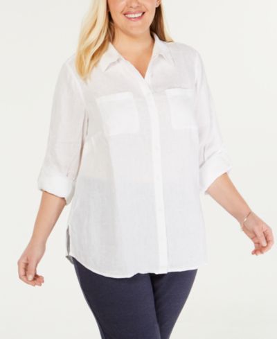 Charter Club Plus Size Roll-Tab 100% Linen Shirt, Macy's Exclusive