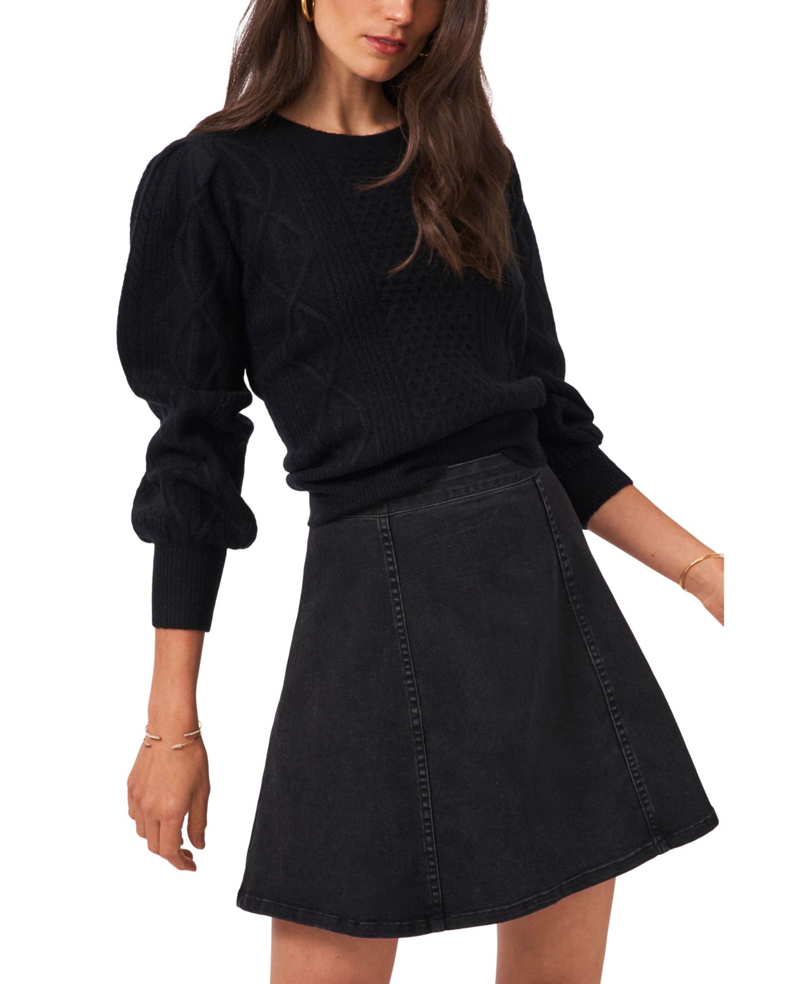 1.STATE Women's Variegated Cables Crew Neck Sweater