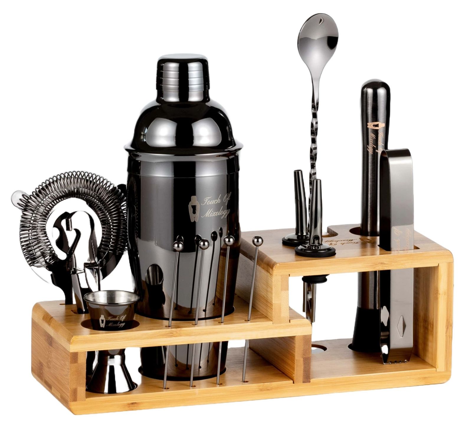 Набор бармена Touch of Mixology Premium 14 Piece Stainless Steel с подставкой из бамбука (Dark Metallic)