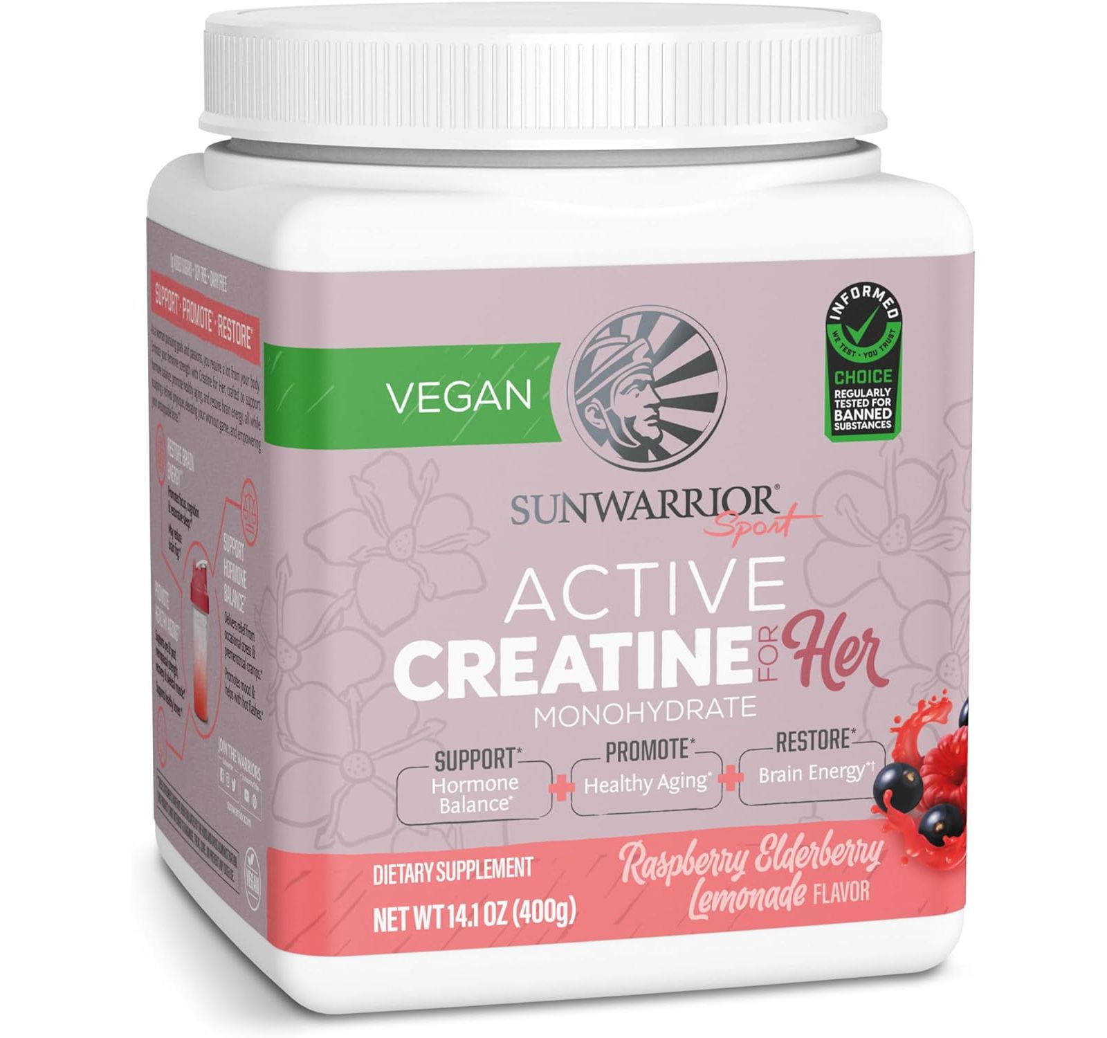 Sunwarrior Active Creatine for HER, моногидрат, порошок, малина-лимонад, 50 порций