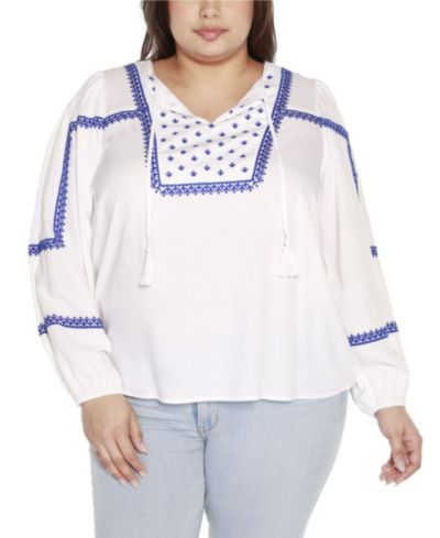 Belldini Black Label Plus Size Embroidered Blouson Tie Neck Top