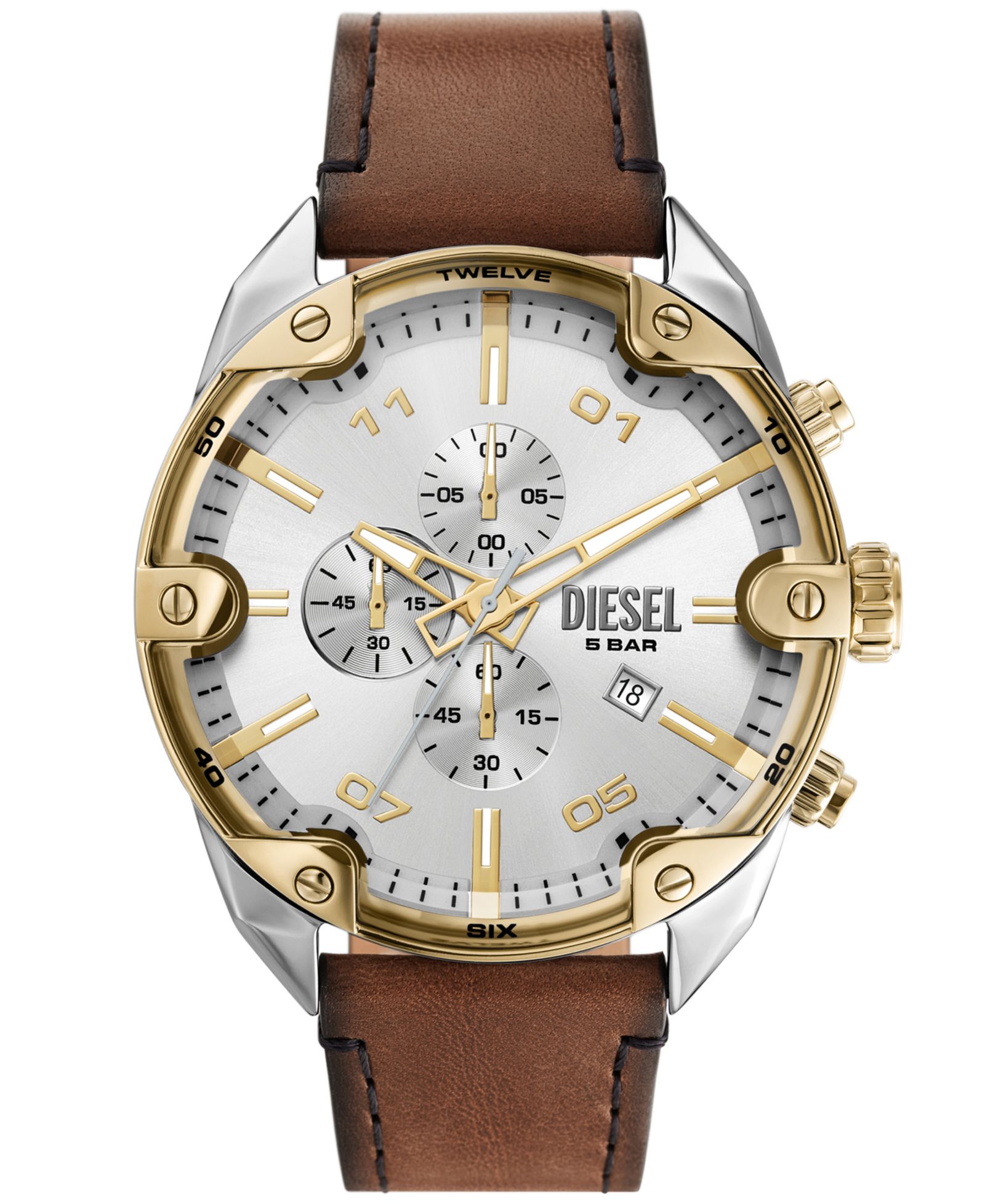 Diesel Men's Spiked Chronograph Brown Leather Watch 49mm