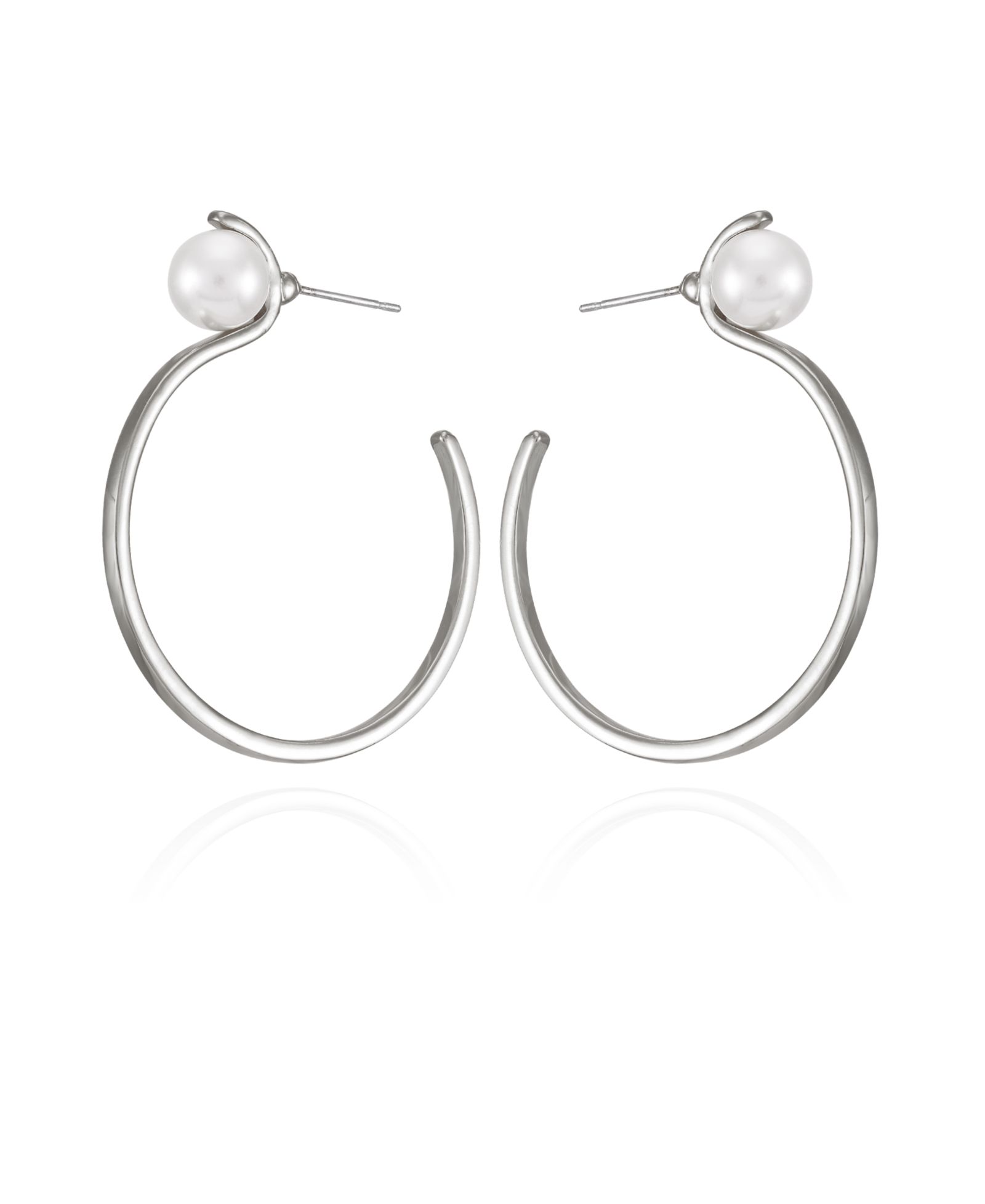 T Tahari Silver-Tone Imitation Pearl Open C Hoop Earrings