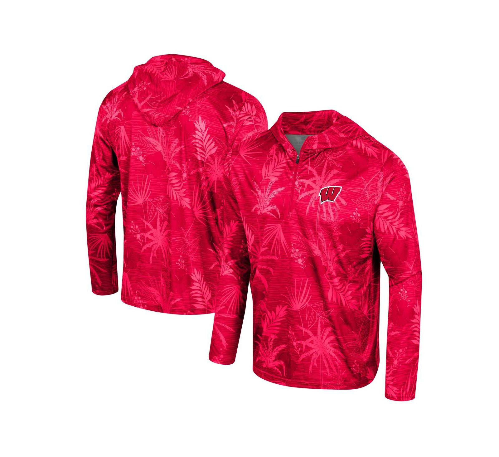 Men's Colosseum Red Wisconsin Badgers Palms Printed Lightweight Quarter-Zip Hooded Top