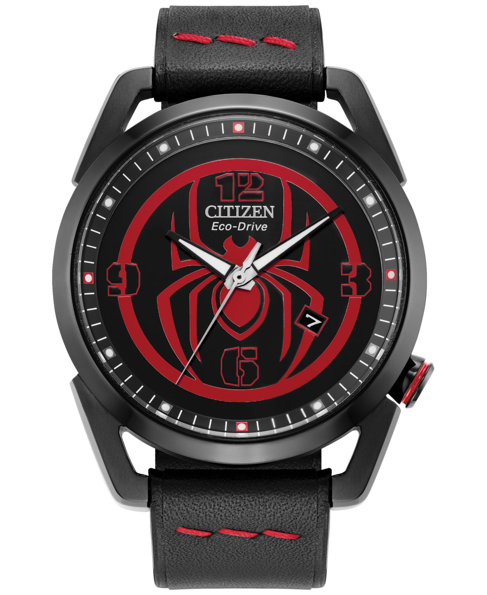 Citizen Eco-Drive Мужские часы Marvel Miles Morales, черный кожаный ремешок, 42mm