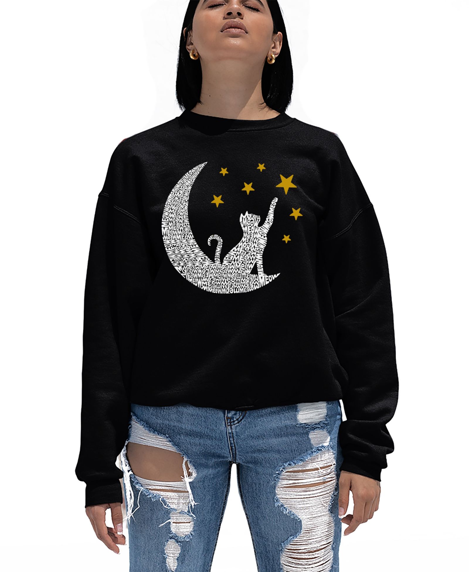 LA Pop Art Women's Word Art Cat Moon Crewneck Sweatshirt