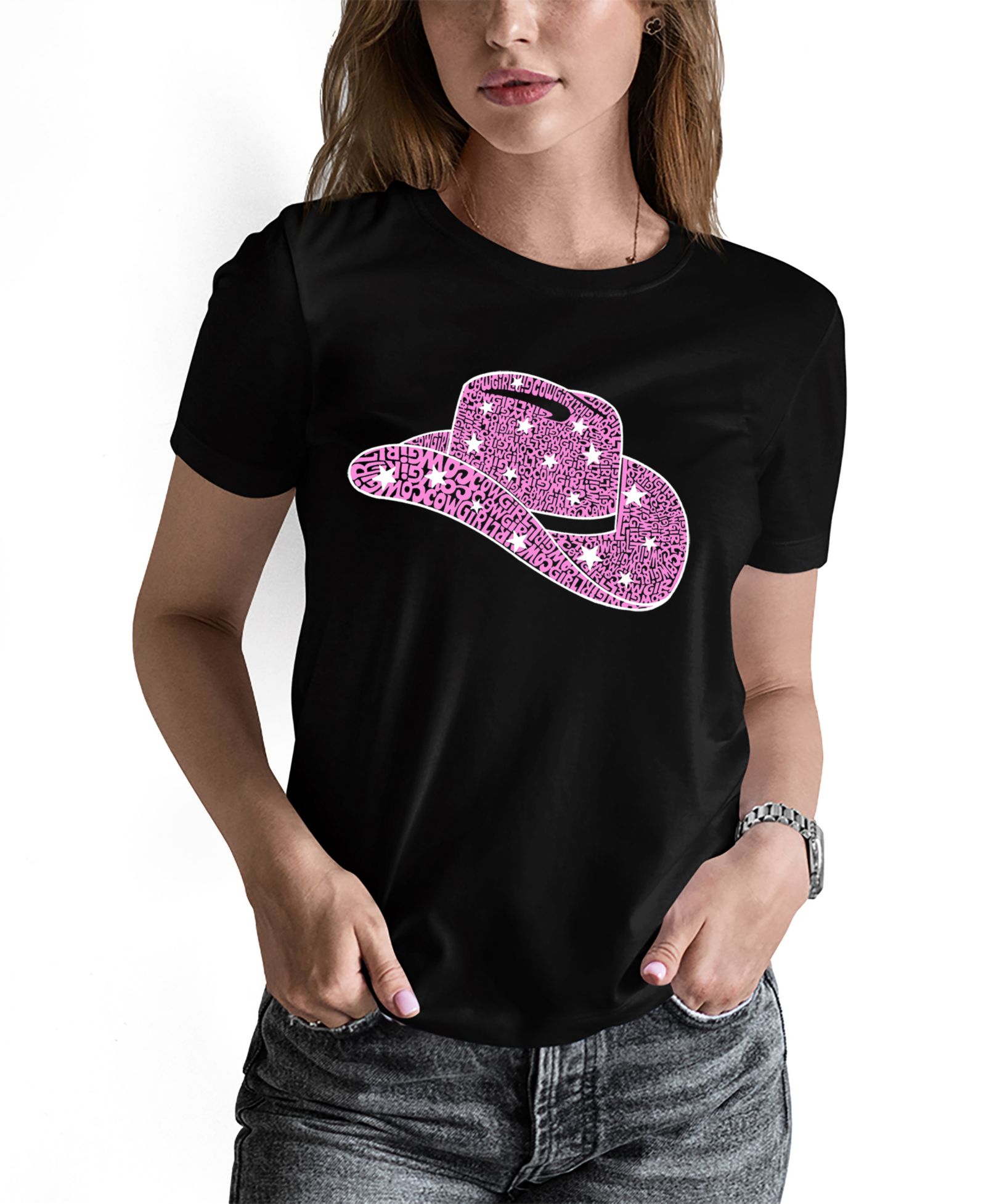 LA Pop Art Women's Word Art Cowgirl Hat T-Shirt