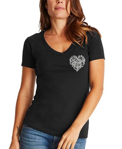 LA Pop Art Women's Word Art Cursive Heart V-Neck T-Shirt