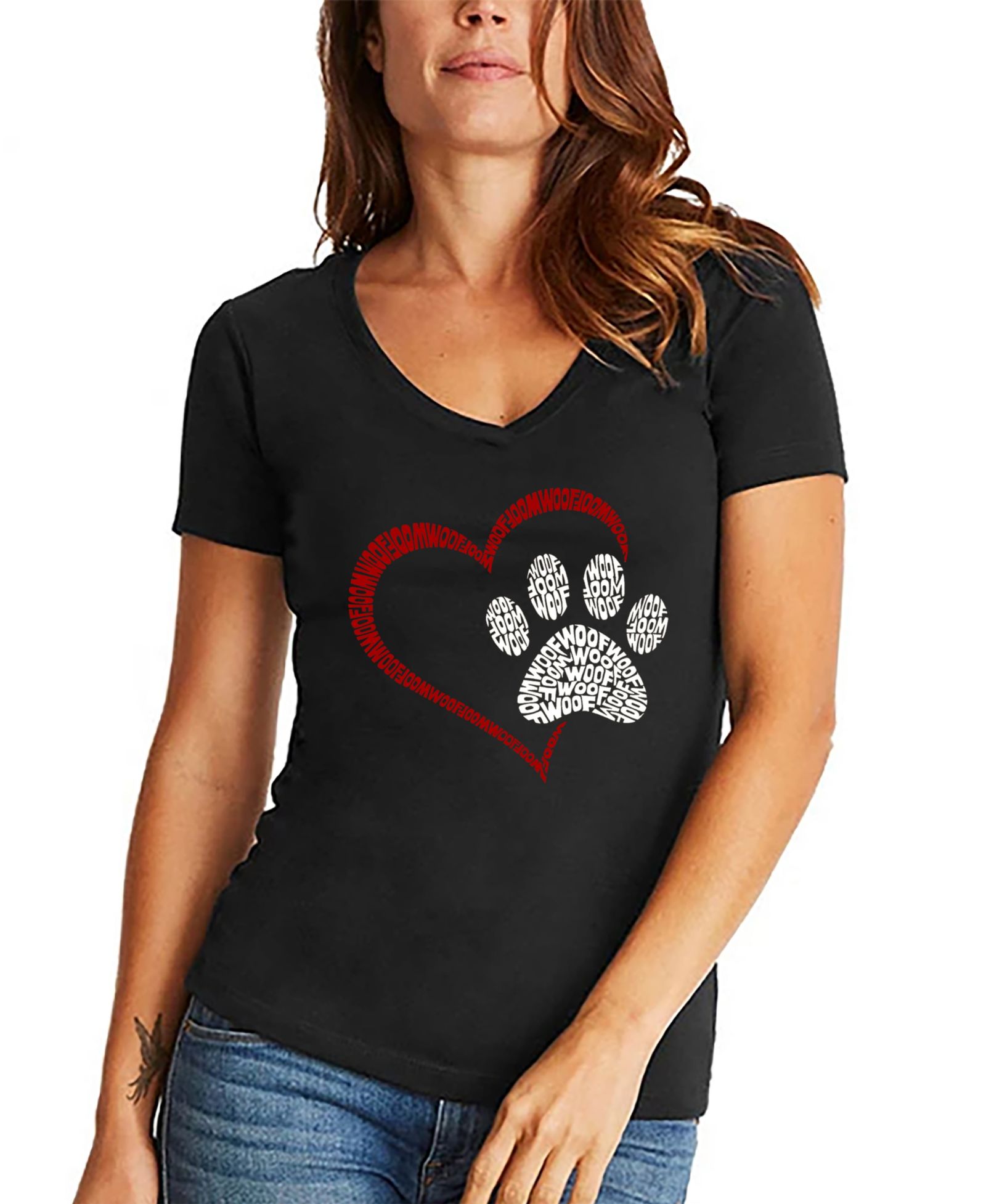 LA Pop Art Women's Word Art Paw Heart V-Neck T-Shirt