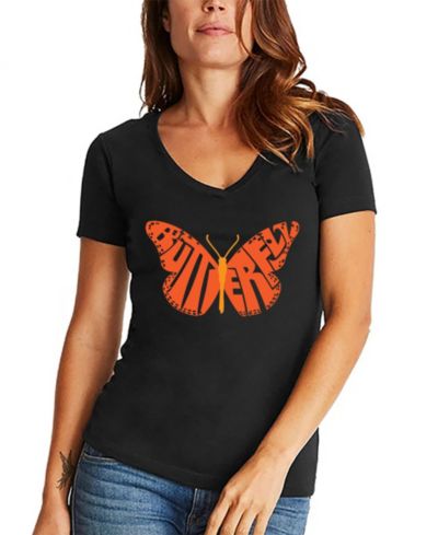 LA Pop Art Women's Word Art Butterfly V-Neck T-Shirt