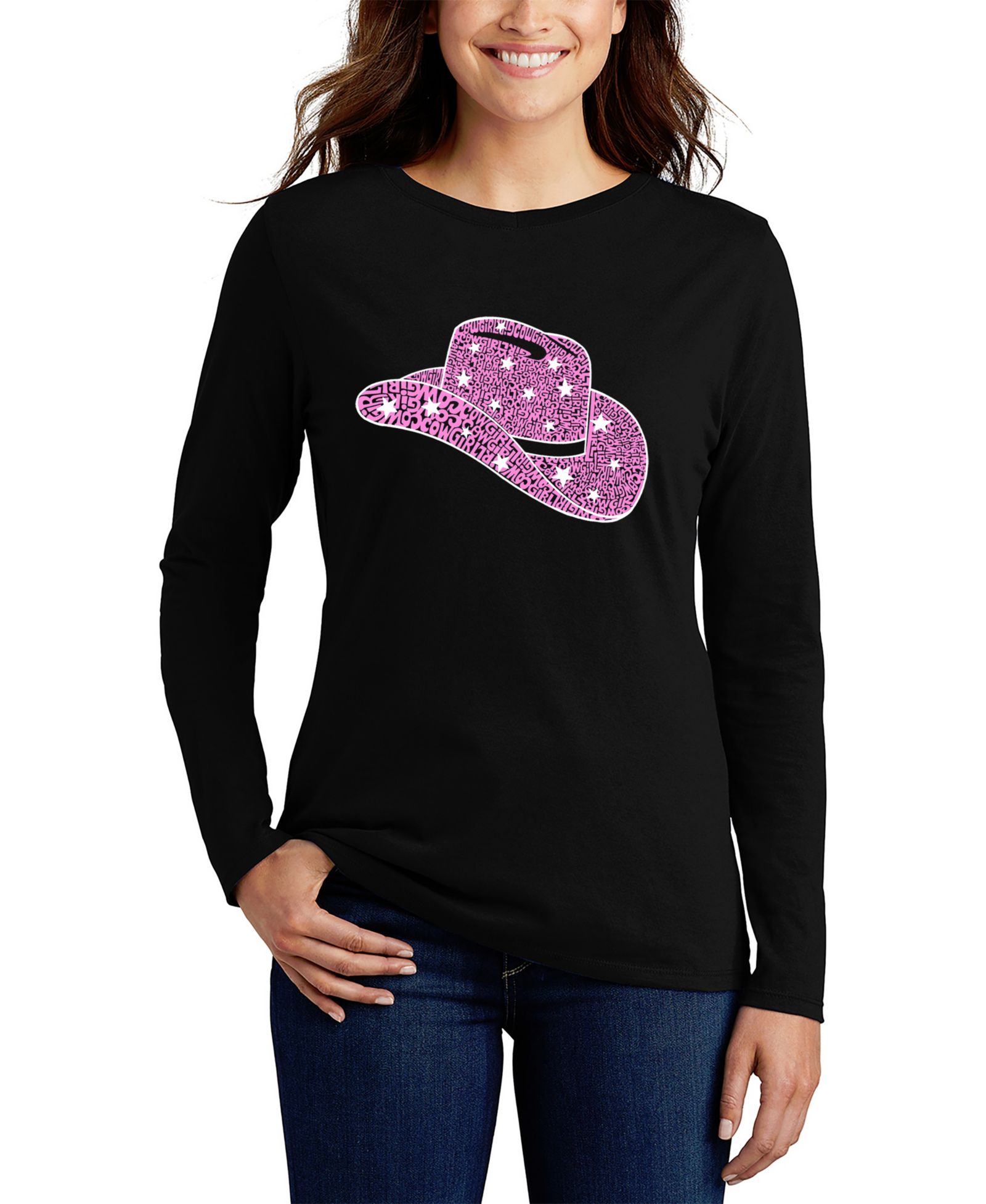 LA Pop Art Women's Word Art Cowgirl Hat  Long Sleeve T-Shirt