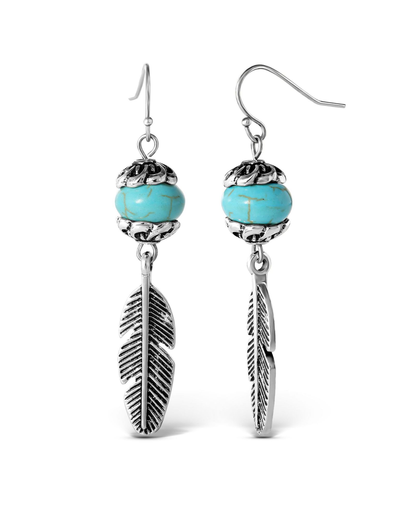 Jessica Simpson Womens Turquoise Bead Feather Drop Earrings - Oxidized Gold-Tone or Silver-Tone Turquoise Earrings