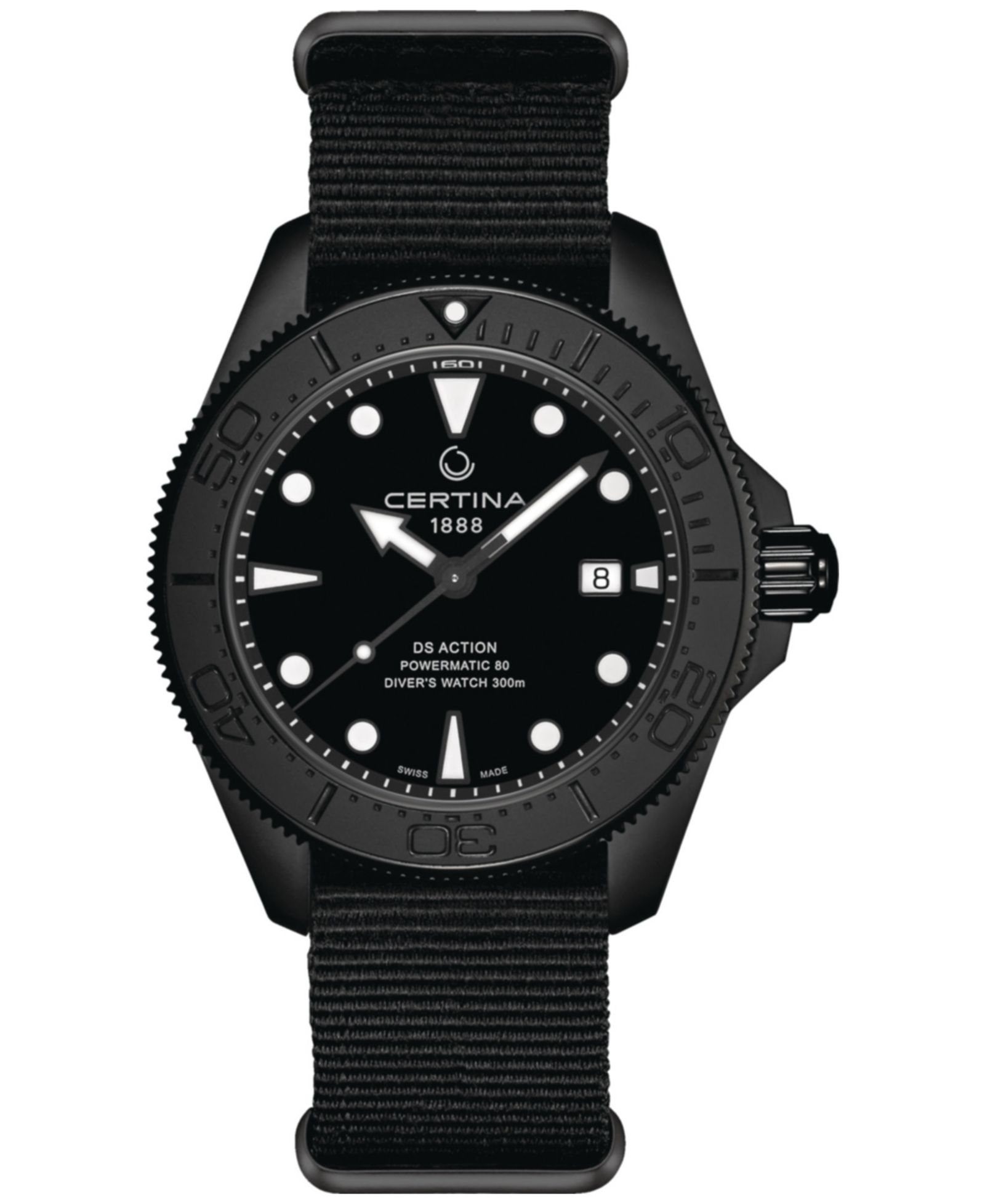 Certina Men's Swiss Automatic DS Action Black Synthetic Nylon Strap Watch 43mm