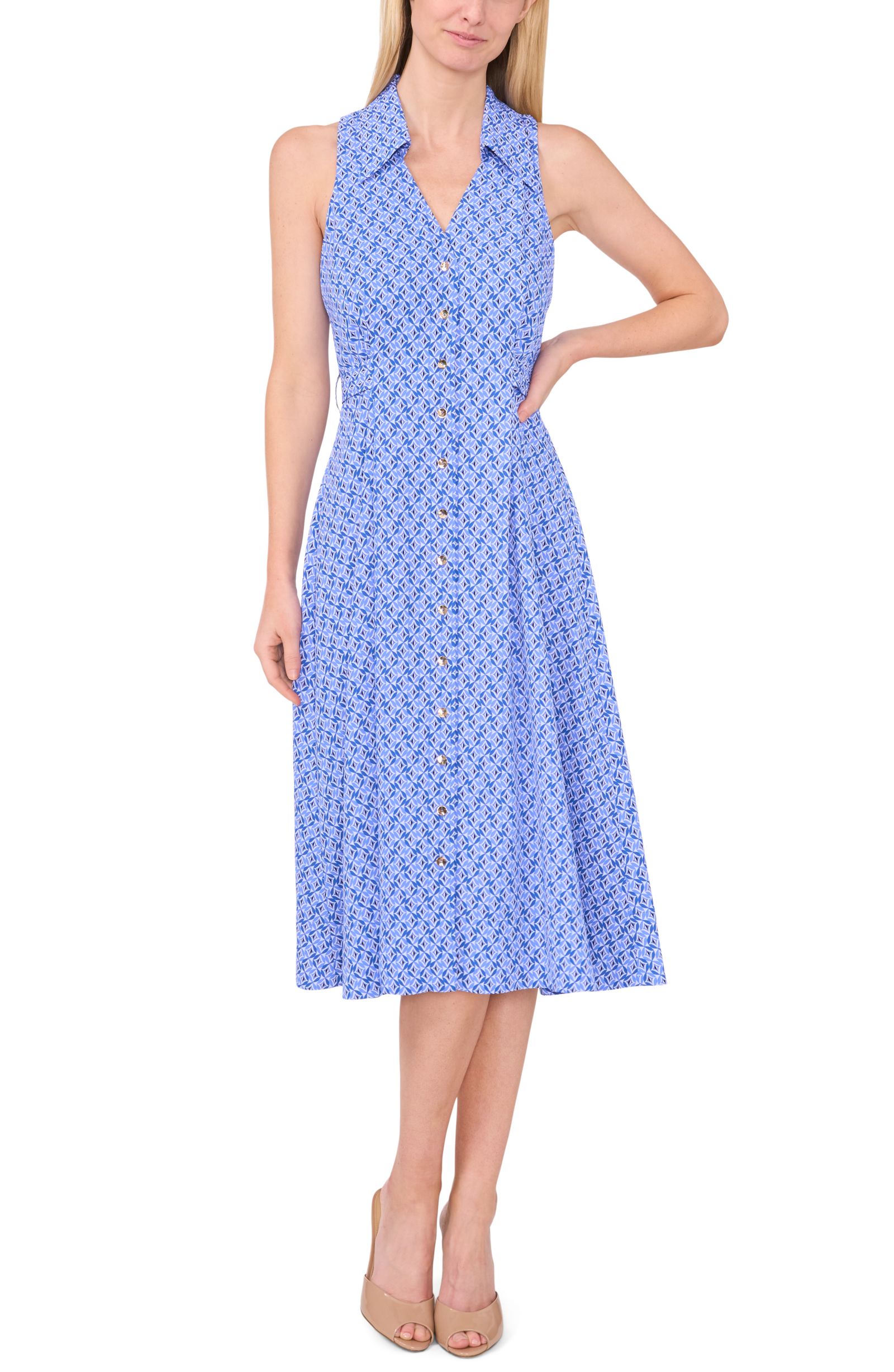 Женское миди-платье CeCe Sleeveless V-Neck Belted Waist Shirt Dress